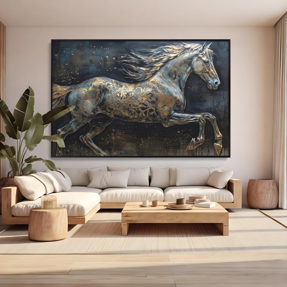 Tablou canvas cu tablou canvas cu armasar in galop, in rama de aluminiu negru, pe perete intr-un living